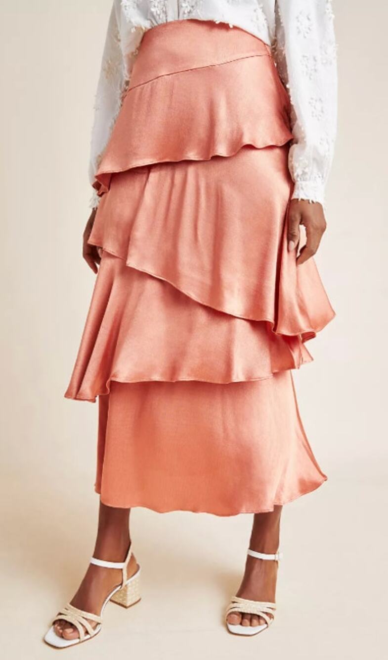 Maeve Anthropologie Cassia Satin Tiered Maxi Skirt Coral Pink Rust Orange 6